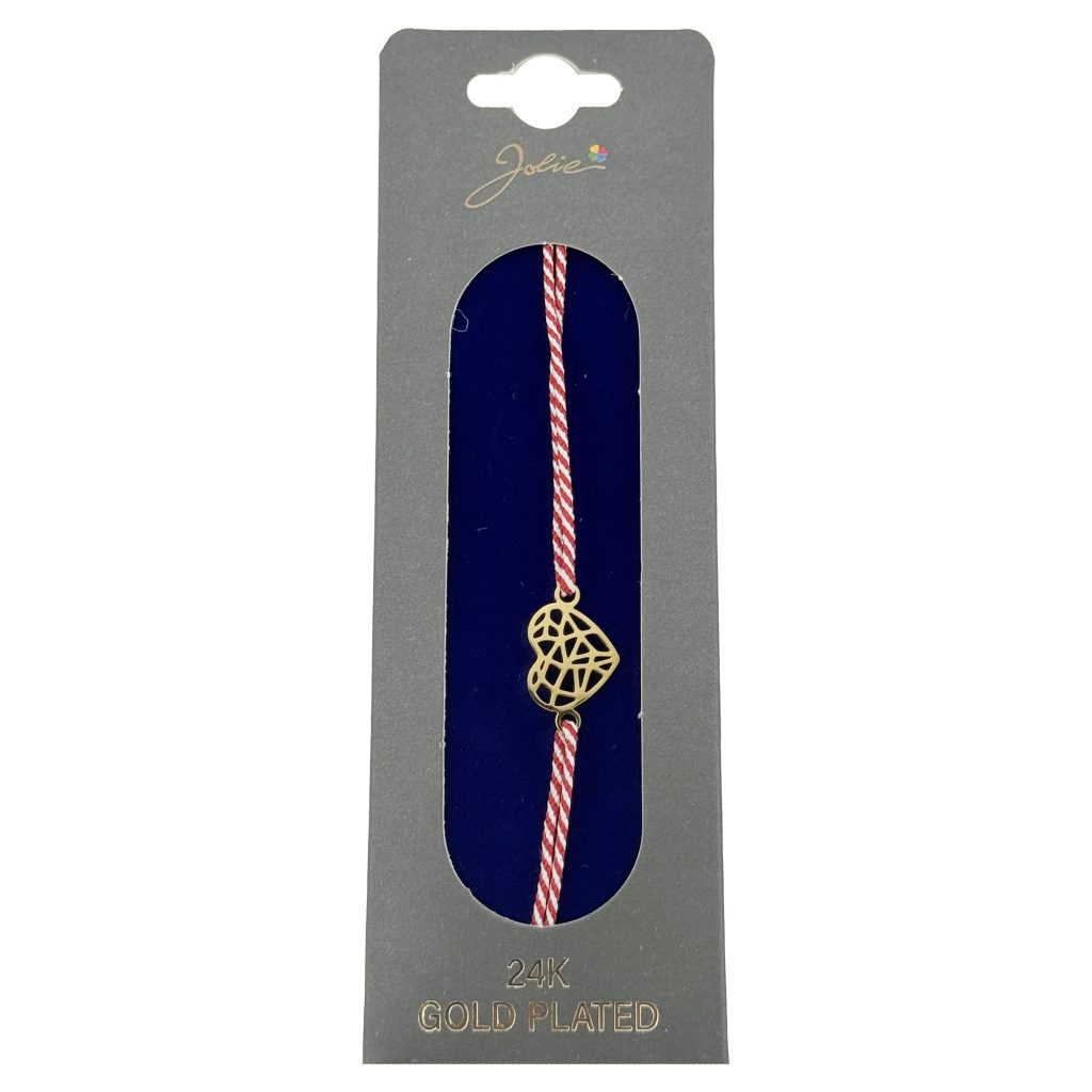 Bratara Placata cu Aur 24k, Jolie, Model INIMA aspect Crapaturi, Martisor Bratara, cu Snur Alb/Rosu, Auriu