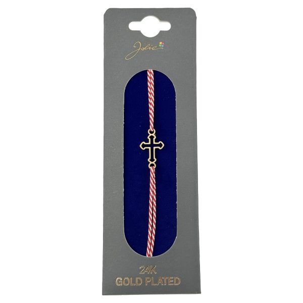Bratara Placata cu Aur 24k, Jolie, Model CRUCE, Martisor Bratara, cu Snur Alb/Rosu, Auriu