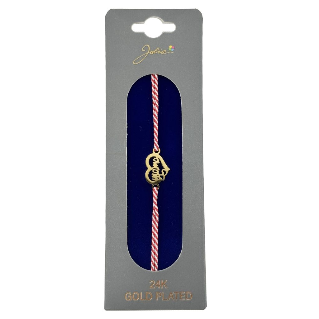 Bratara Placata cu Aur 24k, Jolie, Model INIMA MAMA, Martisor Bratara, cu Snur Alb/Rosu, Auriu
