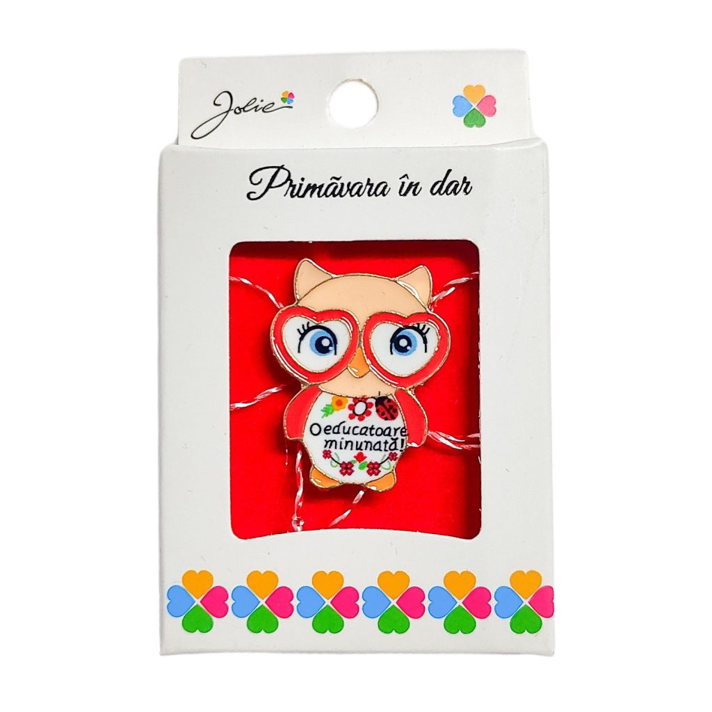 Martisor Brosa Mica in Cutie, Jolie, Model Bufnita O Educatoare Minunata, Metal, 5 x 3 cm, Multicolor