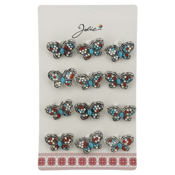 Brose Martisor Primavara, Jolie, Set 12 Bucati, Model Fluture cu Pietre, Brosa din Metal, 3 x 2 cm per Bucata, Argintiu