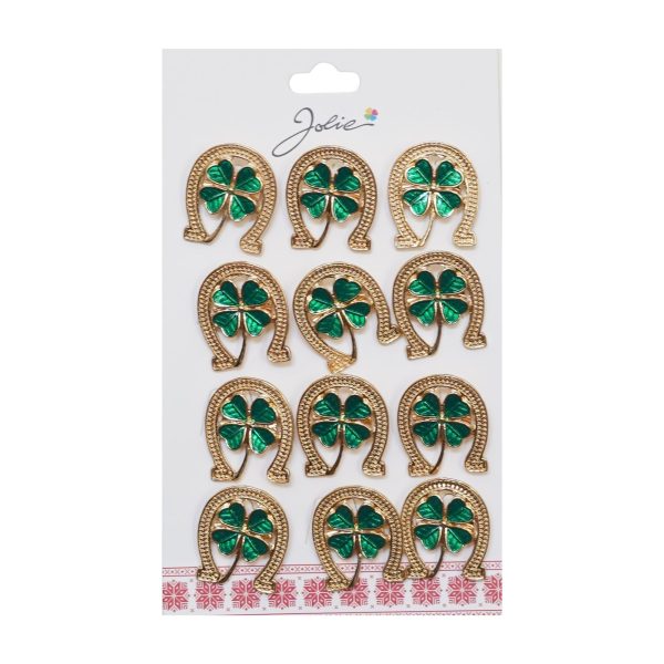Brose Martisor Primavara, Jolie, Set 12 Bucati, Model Potcoava cu Trifoi, Brosa din Metal, 3 x 2 cm per Bucata, Auriu/Verde