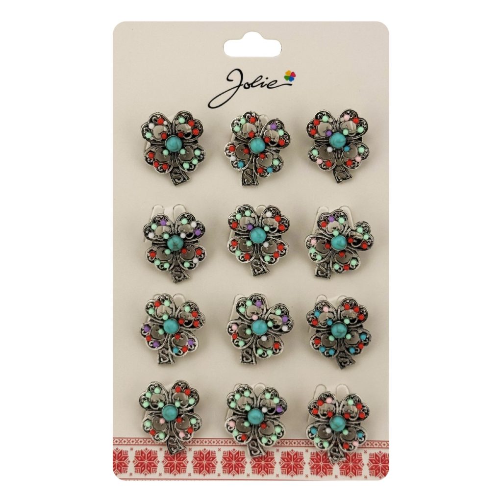 Brose Martisor Primavara, Jolie, Set 12 Bucati, Model Trifoi cu Pietre Decorative, Brosa din Metal, Dimensiune 3 x 2 cm per Bucata, Argintiu/Albastru deschis