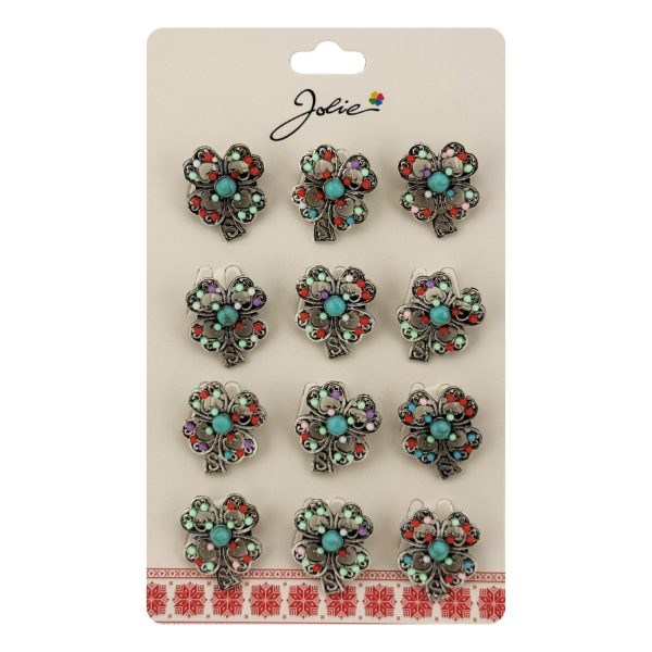Brose Martisor Primavara, Jolie, Set 12 Bucati, Model Trifoi cu Pietre Decorative, Brosa din Metal, Dimensiune 3 x 2 cm per Bucata, Argintiu/Albastru deschis