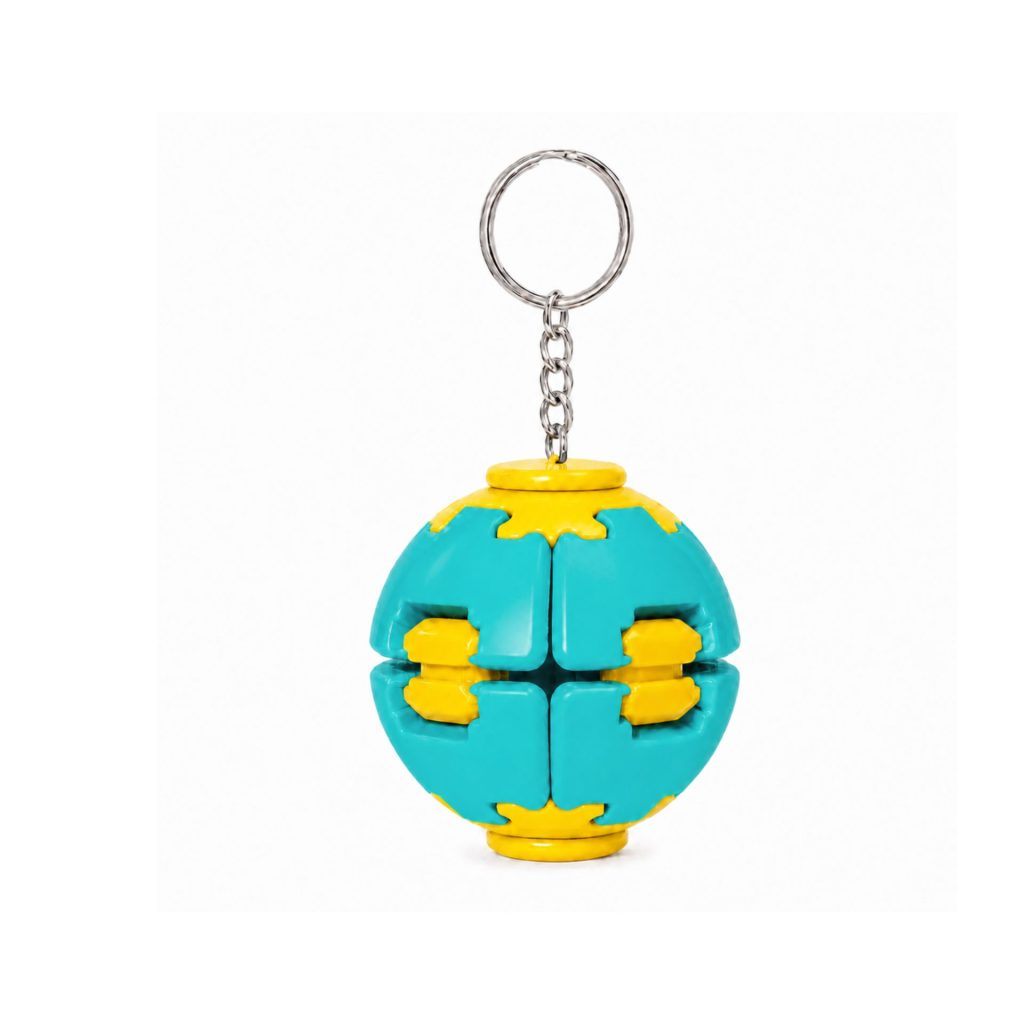 Denumire recomandată:  Minge Senzorială Antistres Rotativă 3D, Flippy, Tip Fidget Spinner, cu Breloc și Sistem Push and Spin, 4.5x5 cm, Turcoaz și Galben