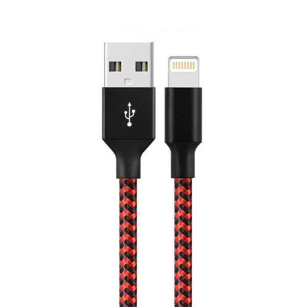 Cablu de Date pentru Telefon, Flippy, Cablu USB spre Lightning Compatibil cu iPhone, Lungime 3 M, Impletit Triunghiular in 2 culori, Rosu Negru