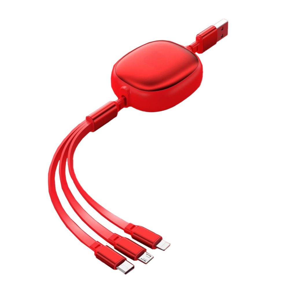 Cablu Retractabil Universal pentru Telefon, Flippy, Universal 3in1 pentru Orice Tip de Telefon, Micro-USB, Lightning, TYPE-C, 1.2M, Rosu