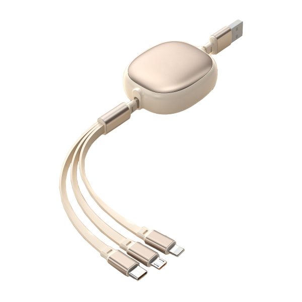 Cablu Retractabil Universal pentru Telefon, Flippy, Universal 3in1 pentru Orice Tip de Telefon, Micro-USB, Lightning, TYPE-C, 1.2M, Bej