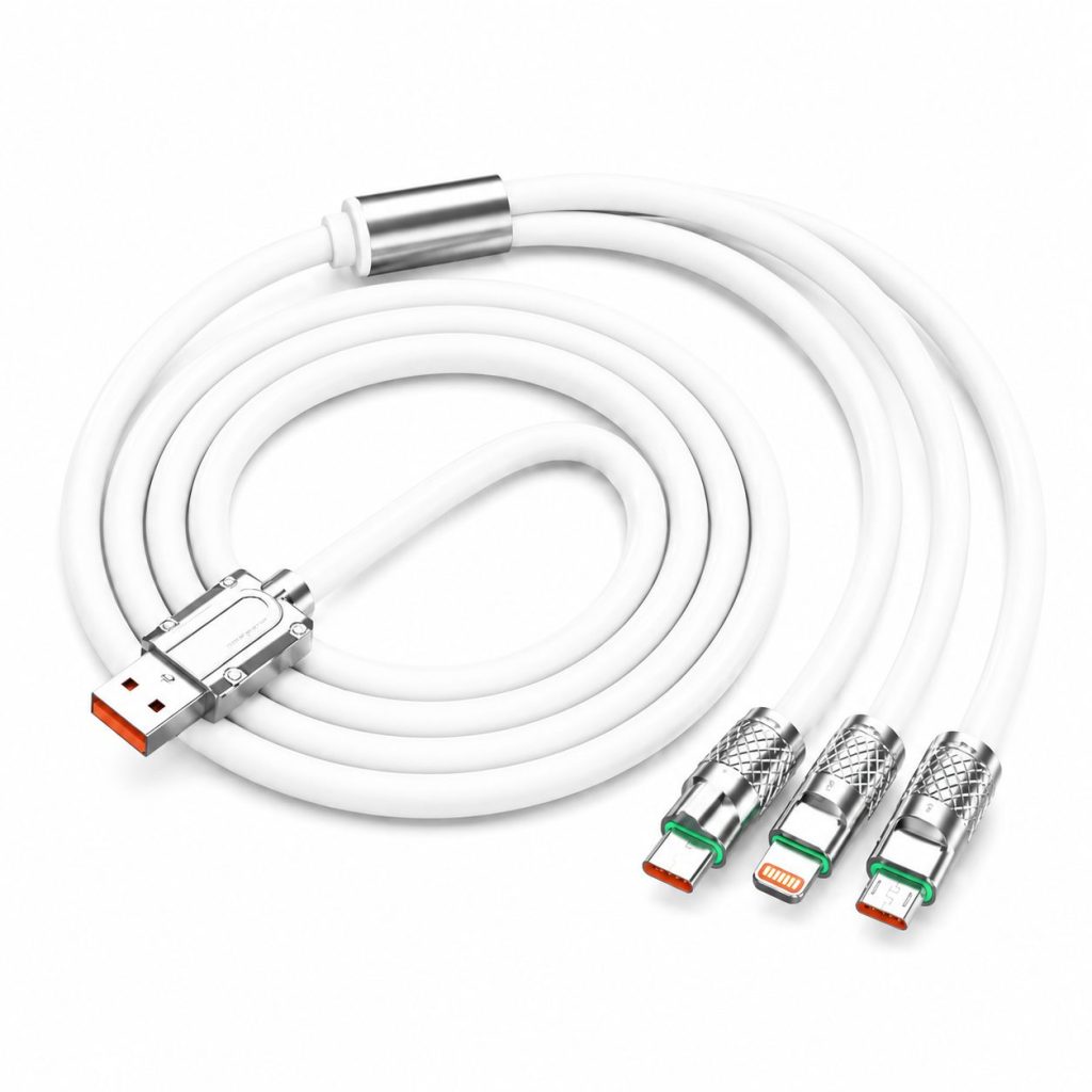Cablu de Incarcare si Date 3 in 1, Flippy, Fast Charging, 120W, Compatibil Type-C, Utilizare Simultana pentru 3 Dispozitive, 1.2 m, Alb