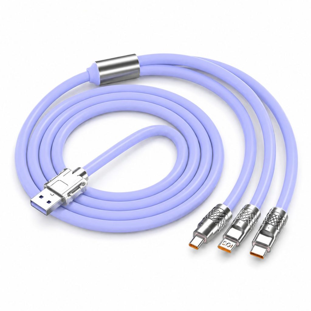 Cablu de Incarcare si Date 3 in 1, Flippy, Fast Charging, 120W, Compatibil Type-C, Utilizare Simultana pentru 3 Dispozitive, 1.2 m, Mov