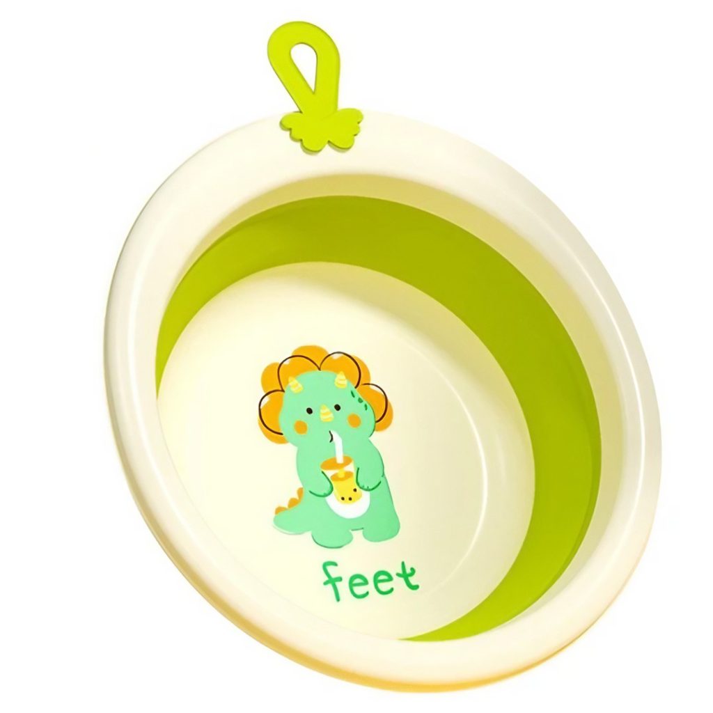 Cada Pliabila pentru Baie pentru Copii, Flippy, Cadita pentru Bebelusi, Model Rotund cu Dinozaur, Verde, 30x30x3.7 cm, 4L