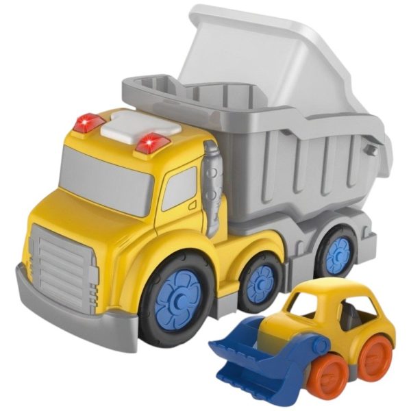 Camion Basculanta Cu Frictiune Oraselul Agitat, Cu Lumini Si Sunete, Jucarie Interactiva Utilaj Constructii Copii, Basculanta Cu Bena Rabatabila Si Masinuta Inclusa, Vehicul Santier Pentru Copii 3+ Ani, Galben