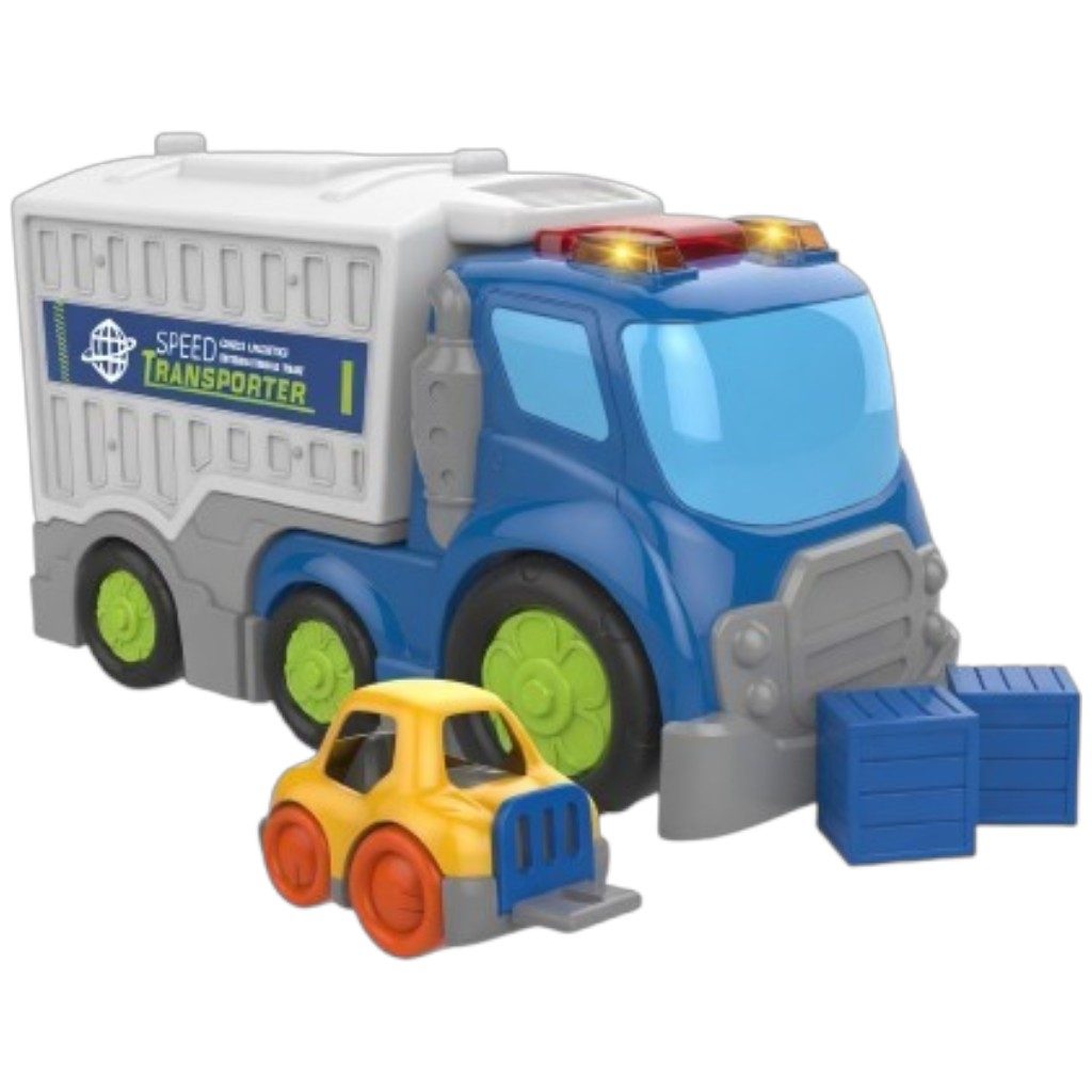 Camion Cargo Cu Frictiune Oraselul Agitat, Cu Lumini Si Sunete, Jucarie Interactiva Transport Marfa Copii, Camion Cu Masinuta Si Cutii De Incarcare Incluse, Vehicul Logistica Pentru Copii 3+ Ani, Multicolor
