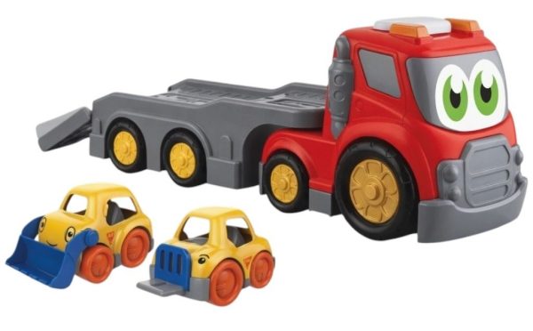 Camion Platforma Transport Masini Cu Frictiune Oraselul Agitat, Cu Lumini Si Sunete, Jucarie Interactiva Camion Cu Rampa Si 2 Masinute Incluse, Vehicul Transport Auto Pentru Copii 18+ Luni, Rosu