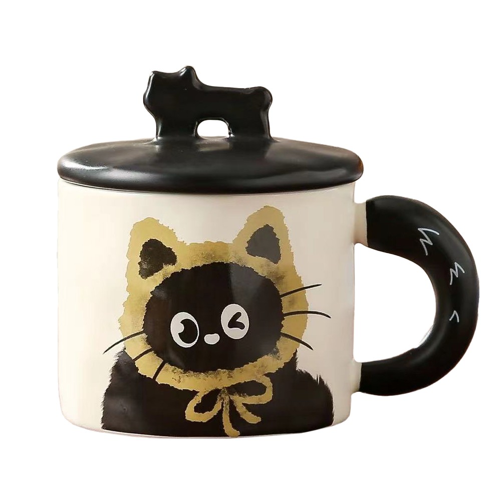 Cana din Ceramica, Flippy, Model in Cutie pentru Cadou, Cana pentru Ceai, Cafea, Cana Retro Design Capac cu Figurina 3D, 9.5 x 8 x 8 cm, 360 ml, Bej, Print Pisica Galben Negru