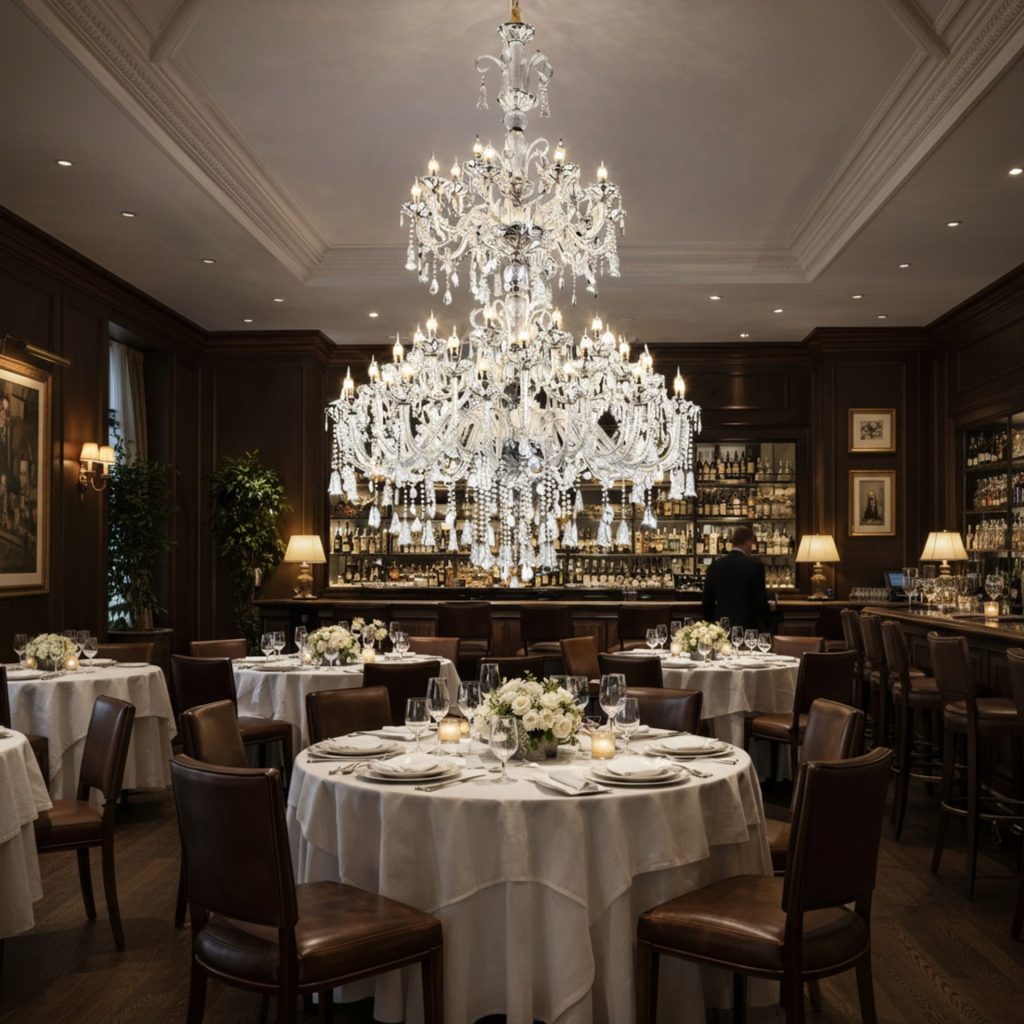 Candelabru Cristal , 55xE14, Diametru 145cm, Inaltime 230cm, Argintiu, Inaltime Reglabila, Design Elegant