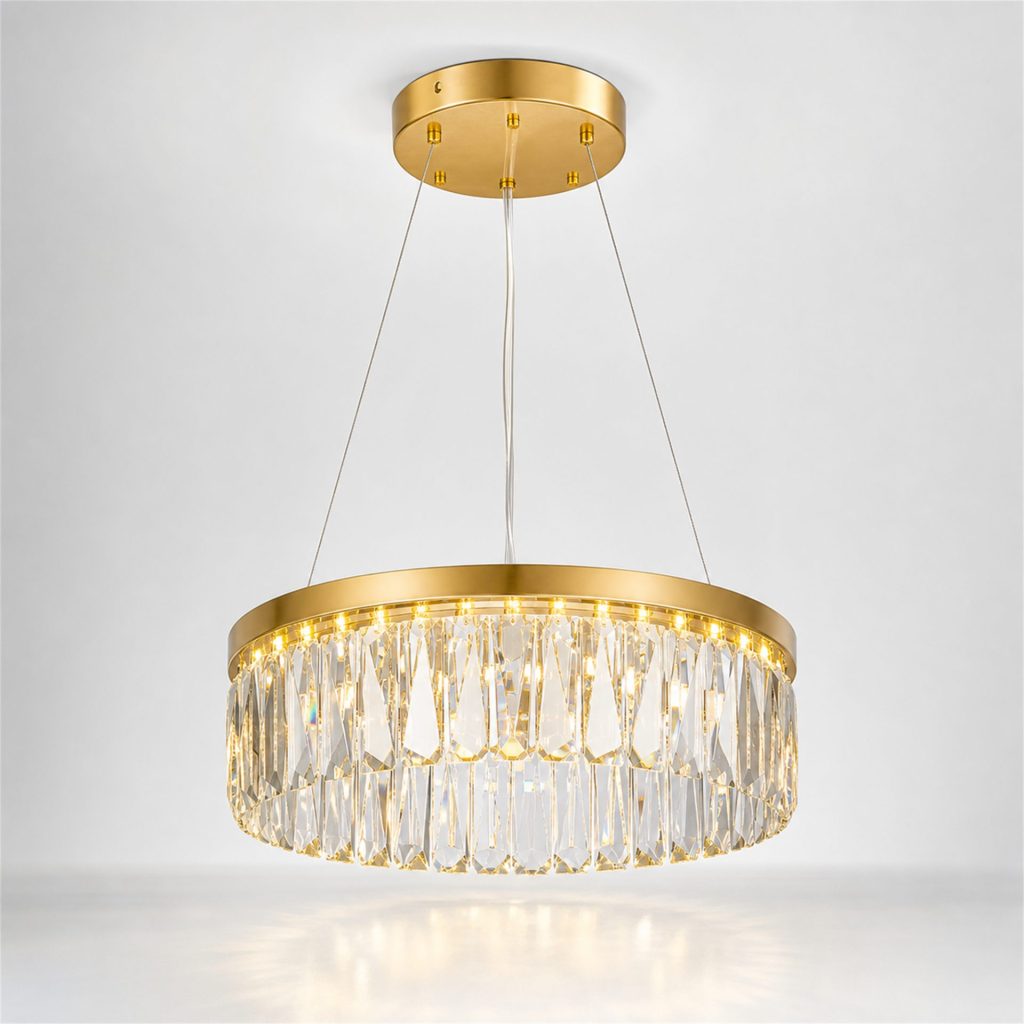 Candelabru Cristal AROHA LED cu Telecomanda, Suspendat, 12 Surse, 36W, Diametru 40cm, Lumina Calda / Neutra / Rece, Inaltime Reglabila, Auriu, Metal si Cristal
