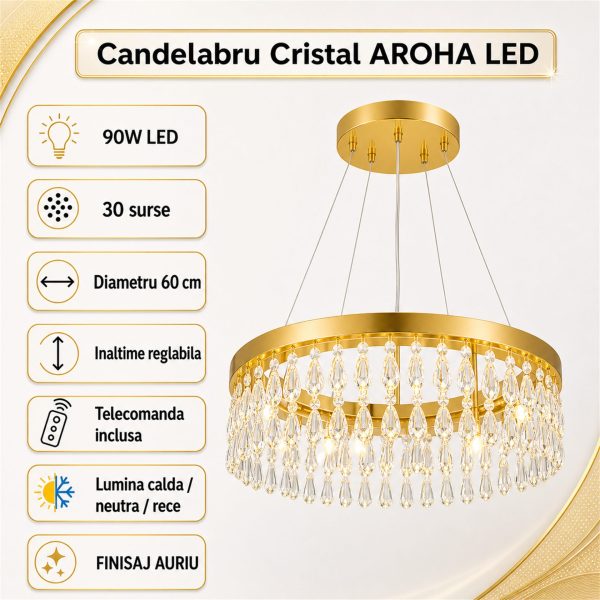 Candelabru Cristal AROHA LED cu Telecomanda, Suspendat, 30 Surse, 90W, Lumina Calda/Neutra/Rece, Diametru 60cm, Inaltime Reglabila, Auriu, Metal si Cristal