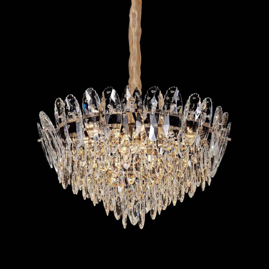 Candelabru Cristal, AURELIUS Magno, 11xE14, Diametru 60cm, Auriu Lucios, Inaltime Reglabila, Metal si Cristal