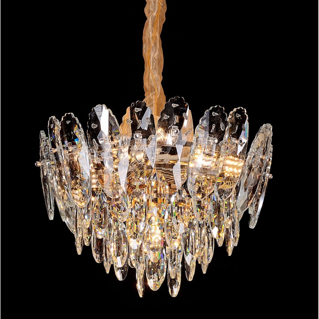 Candelabru Cristal, AURELIUS Nobile, 7xE14, Diametru 40cm, Auriu Lucios, Inaltime Reglabila, Metal si Cristal