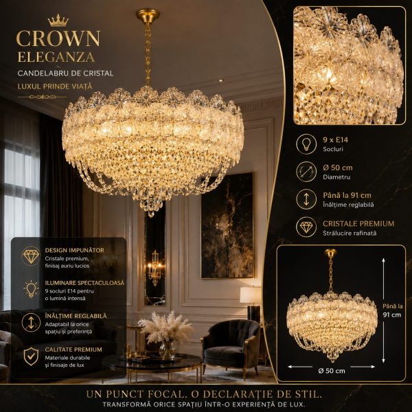 Candelabru Cristal CROWN Eleganza 9xE14, Diametru 50cm, Inaltime 41cm, Auriu Lucios, Inaltime Reglabila, Design Elegant