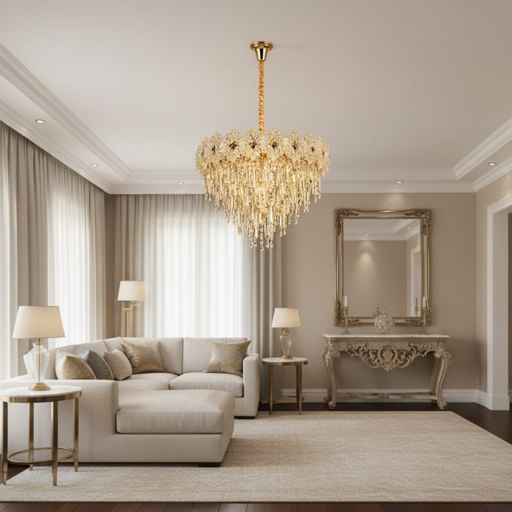Candelabru Cristal FLEUR Magno 12xE14, Diametru 60cm, Inaltime 45cm, Auriu Lucios, Inaltime Reglabila, Design Elegant