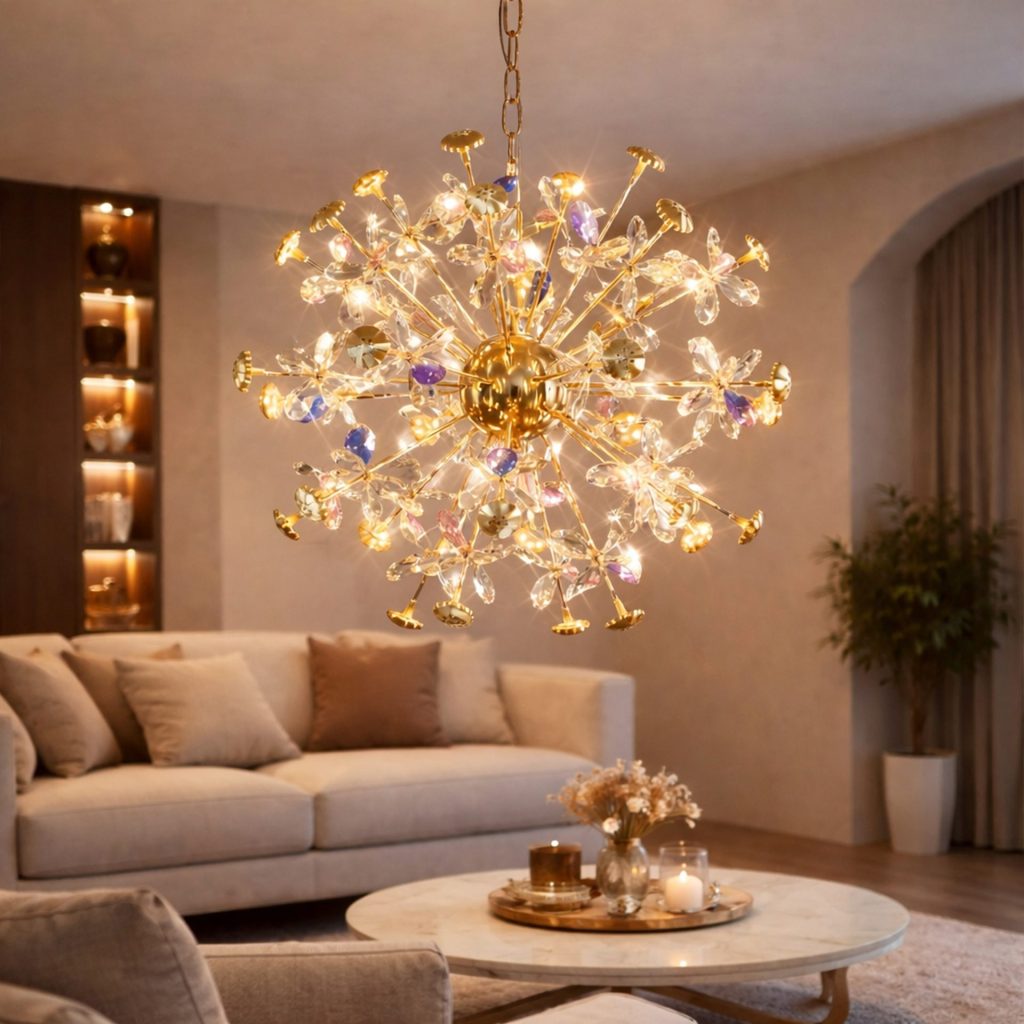 Candelabru Cristal FloraLux, 24xG4, Auriu si Cristale , 52cm, Inaltime Reglabila