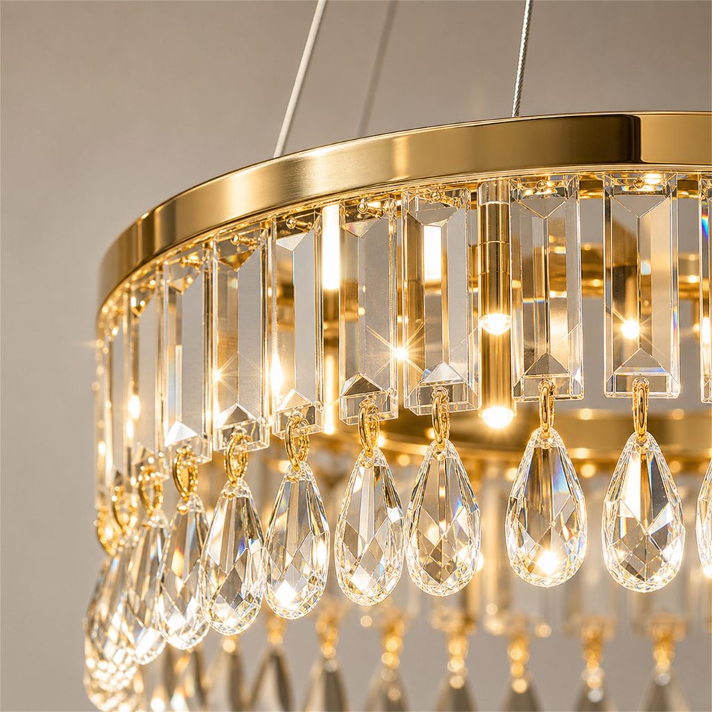 Candelabru Cristal FRAME LED cu Telecomanda, Suspendat, 12 Surse, 36W, Diametru 40cm, Lumina Calda / Neutra / Rece, Inaltime Reglabila, Auriu, Metal si Cristal
