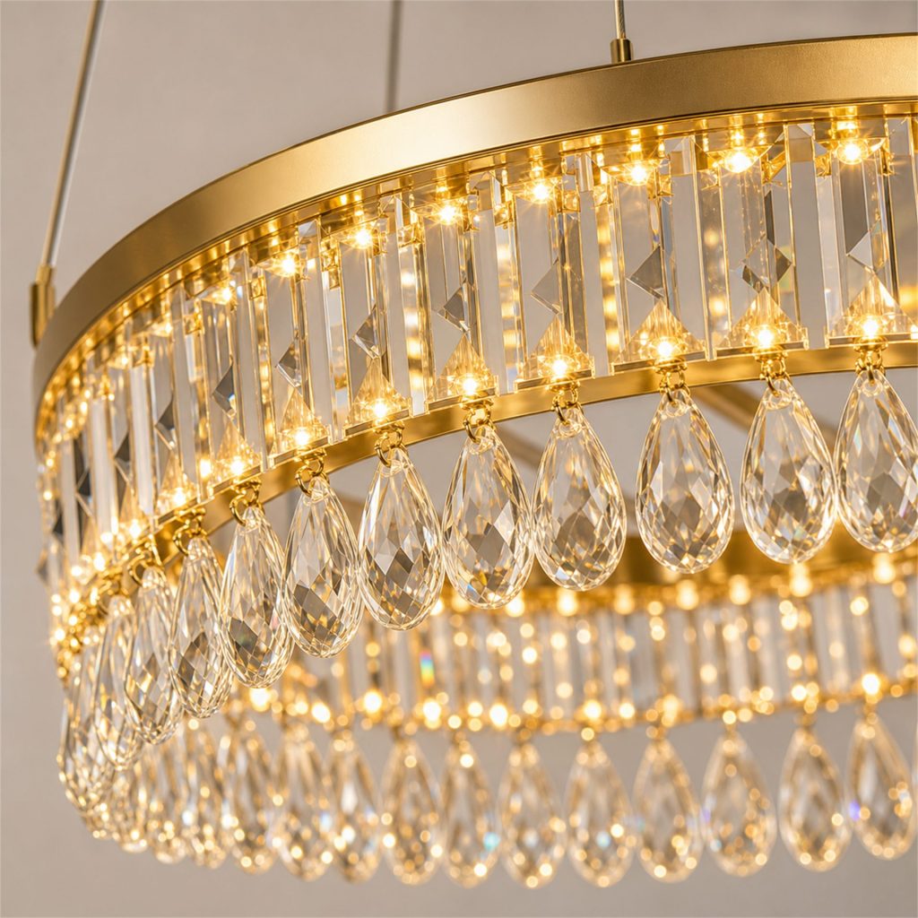 Candelabru Cristal FRAME LED cu Telecomanda, Suspendat, 30 Surse, 90W, Diametru 60cm, Inaltime Reglabila, Auriu, Metal si Cristal