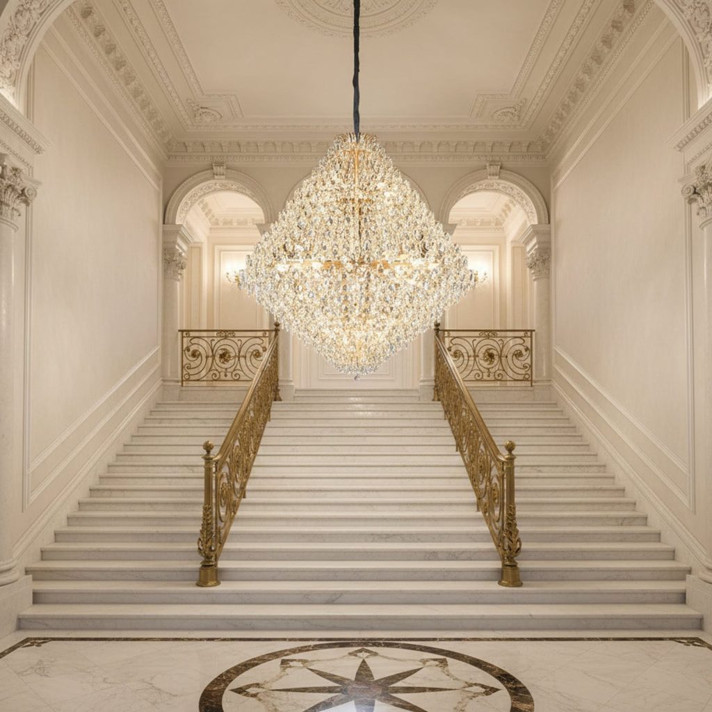 Candelabru Cristal KONIG Grande Supremo, 54xE14, D150 cm, Auriu, Inaltime Reglabila, Metal si Cristal