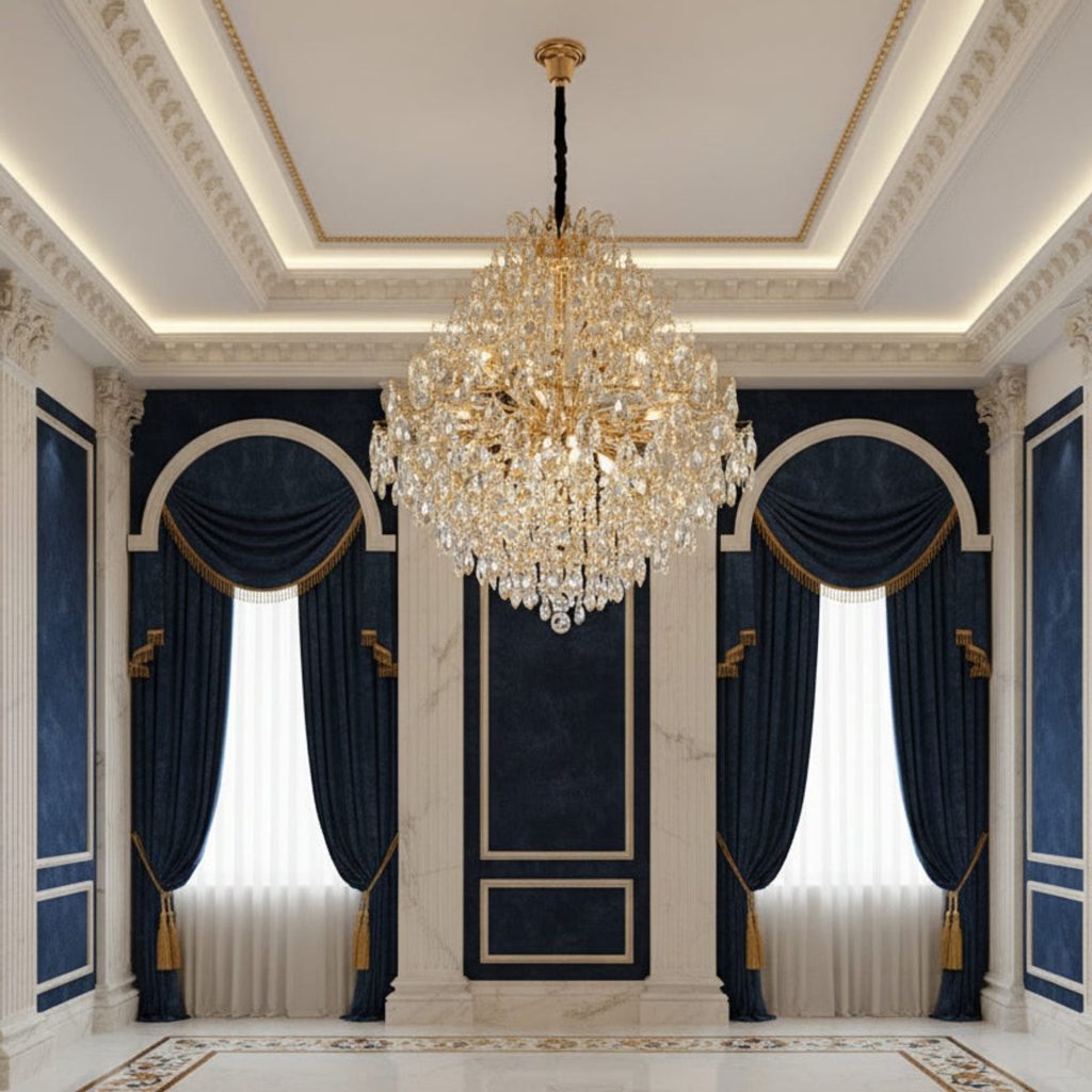 Candelabru Cristal KONIG Supremo, 24xE14, D100 cm, Auriu, Inaltime Reglabila, Metal si Cristal