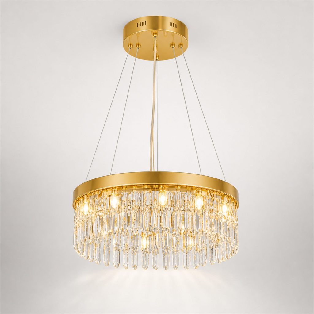 Candelabru Cristal LAGOM LED cu Telecomanda, Suspendat, 12 Surse, 36W, Diametru 40cm, Lumina Calda / Neutra / Rece, Inaltime Reglabila, Auriu, Metal si Cristal
