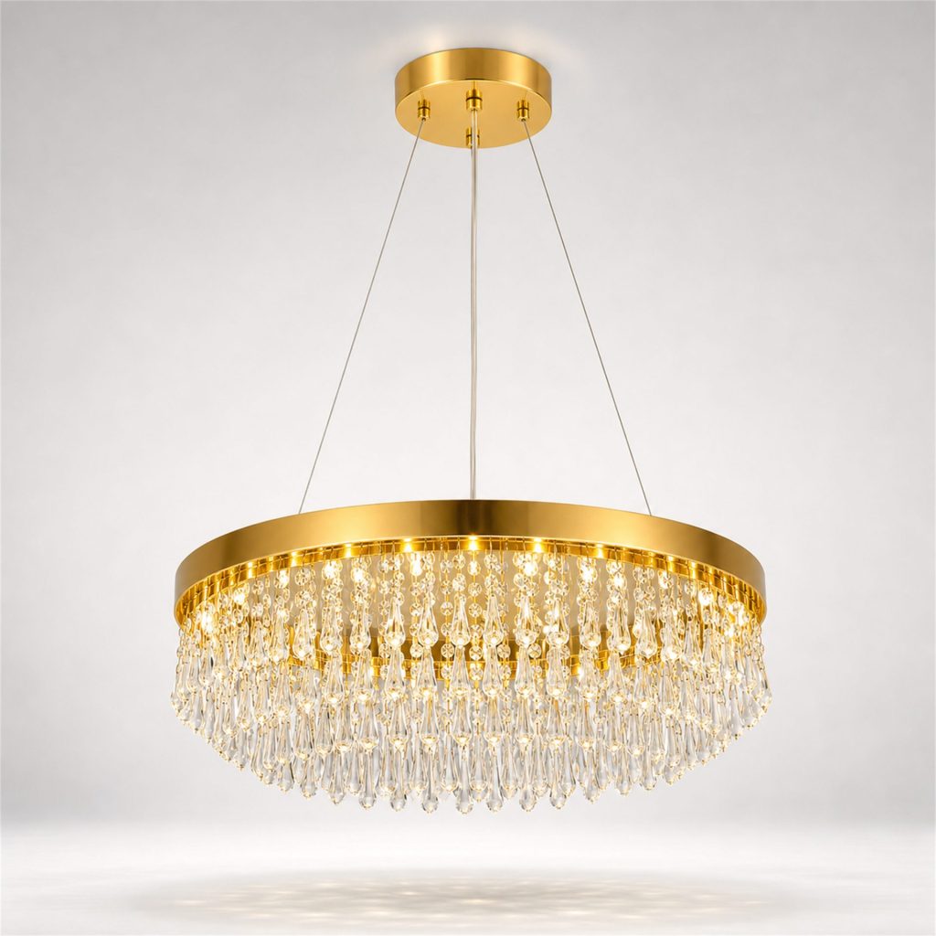 Candelabru Cristal LAGOM LED cu Telecomanda, Suspendat, 30 Surse, 90W, Lumina Calda/Neutra/Rece, Diametru 60cm, Inaltime Reglabila, Auriu, Metal si Cristal