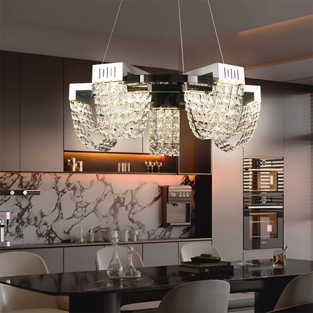 Candelabru Cristal LED 15W, STRATUS Magno , Diametru 50cm, Crom Lucios, Lumina Calda Neutra Rece 3000K/4000K/6000K Inaltime Reglabila, Metal si Cristal