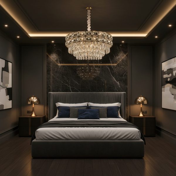 Candelabru Cristal LUCENT Nobile 4xE14, D40 cm, Auriu, Inaltime Reglabila, Metal si Cristal