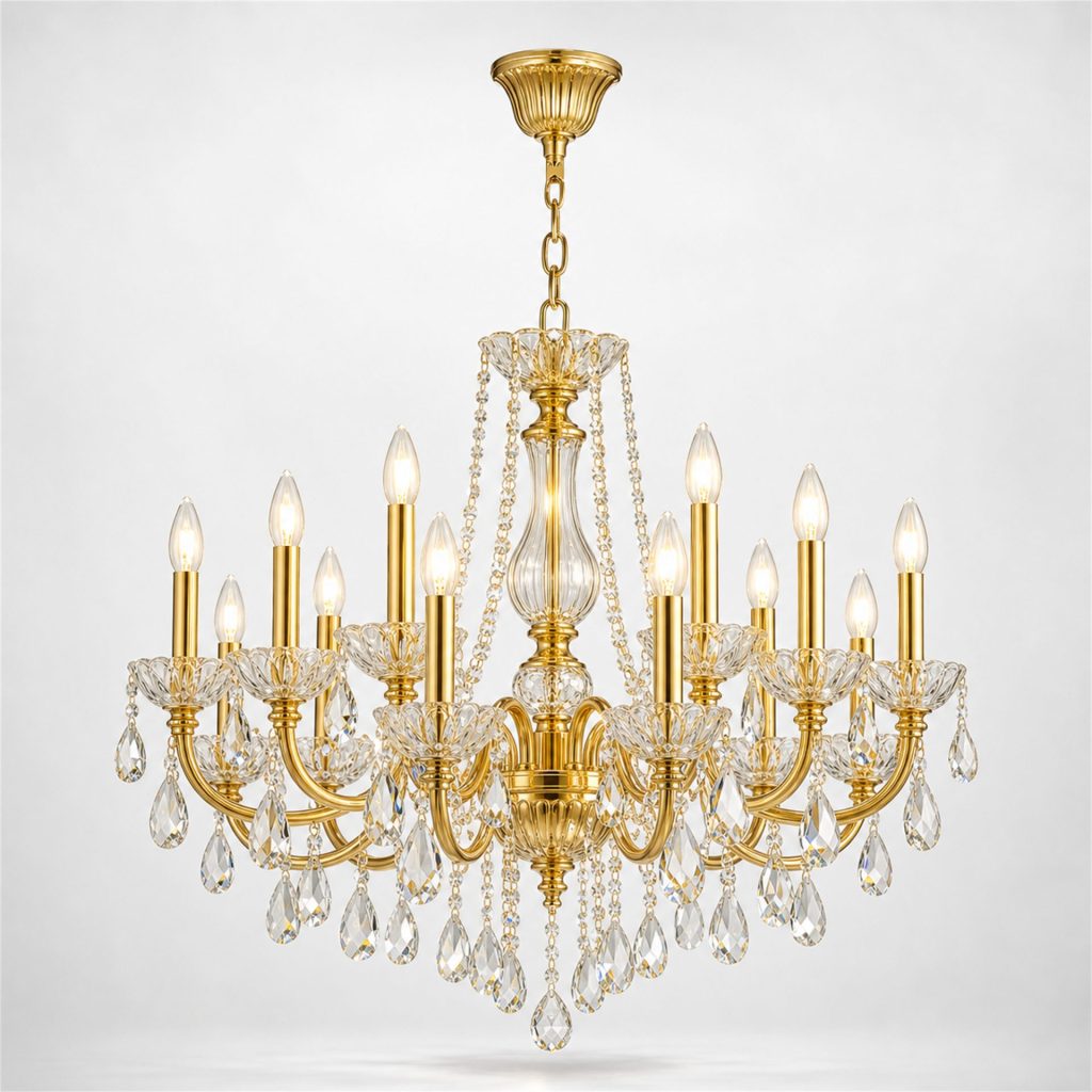 Candelabru Cristal NUVOLA Elegenza, 12xE14, D50 cm, Auriu, Inaltime Reglabila, Metal si Cristal