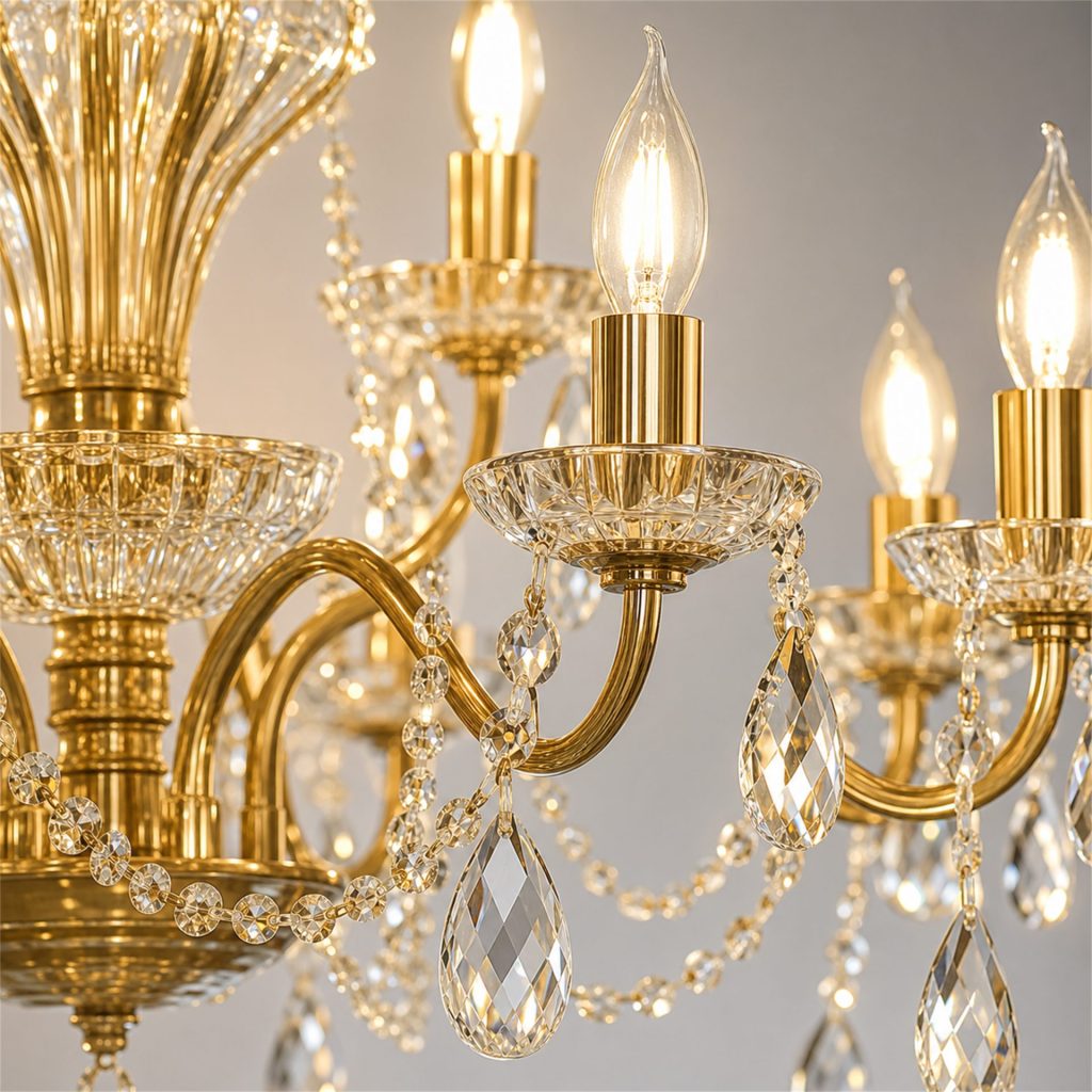 Candelabru Cristal NUVOLA Magno, 15xE14, D60 cm, Auriu, Inaltime Reglabila, Metal si Cristal