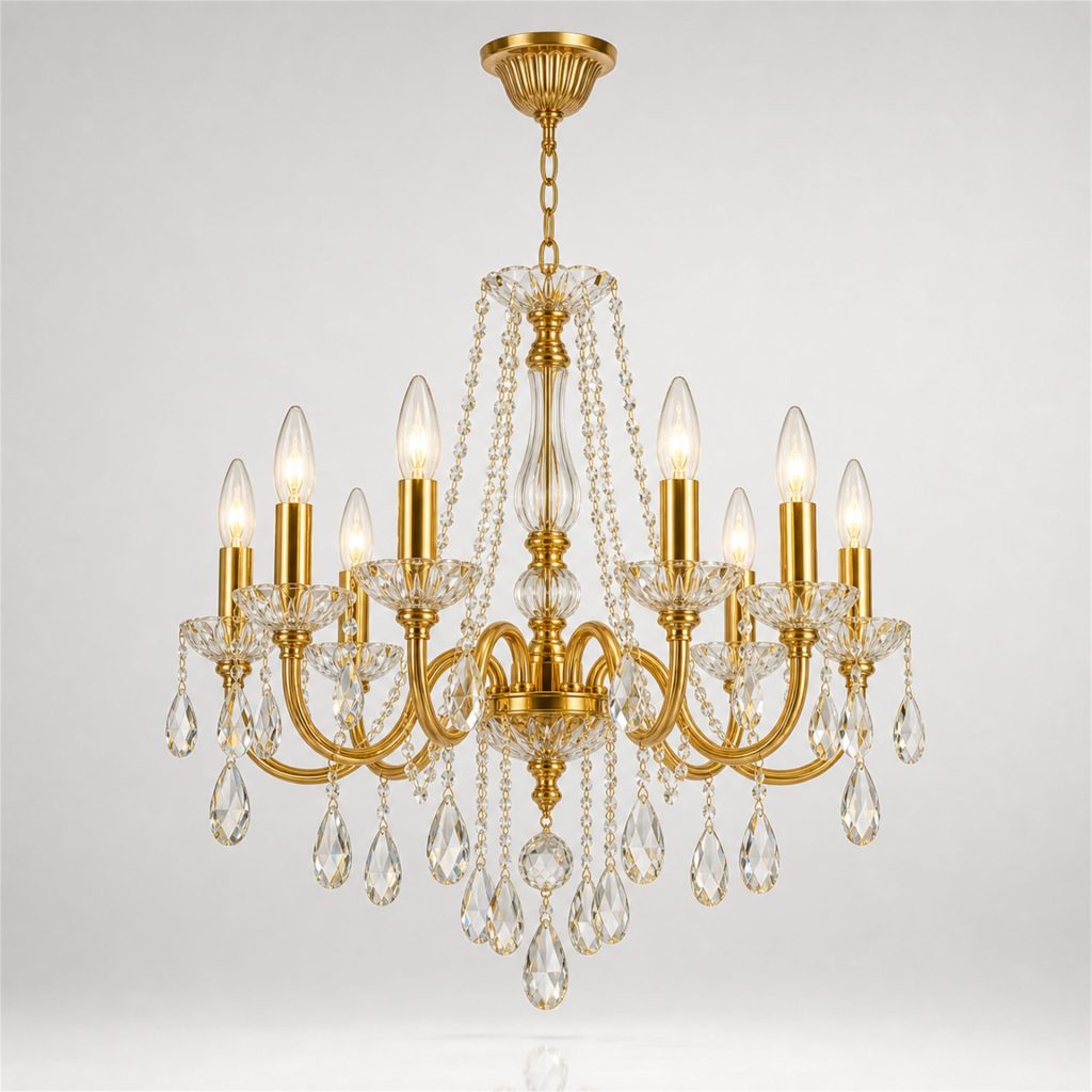 Candelabru Cristal NUVOLA Nobile 8xE14, D40 cm, Auriu, Inaltime Reglabila, Metal si Cristal