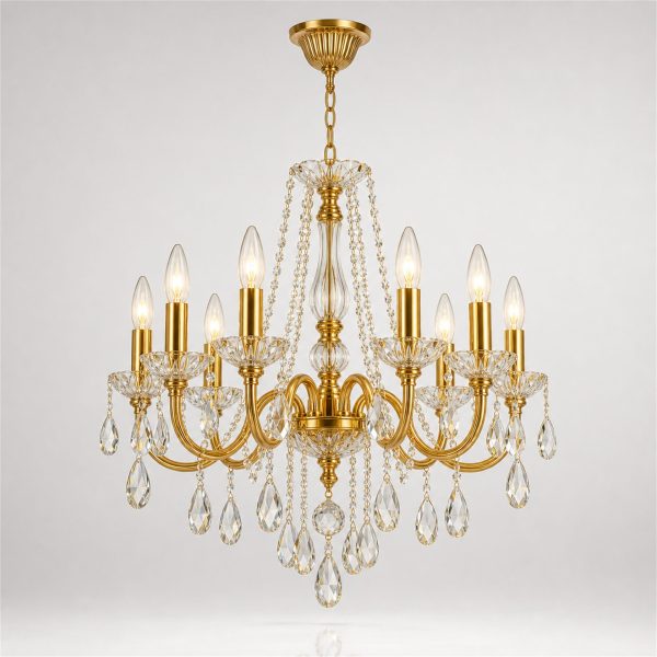 Candelabru Cristal NUVOLA Nobile 8xE14, D40 cm, Auriu, Inaltime Reglabila, Metal si Cristal