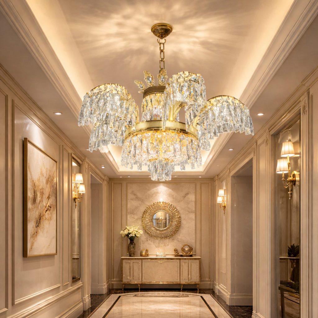 Candelabru Cristal PALACE, 6 brate, 12xG9, D69cm, Auriu Lucios, Inaltime Reglabila, Metal si Cristal
