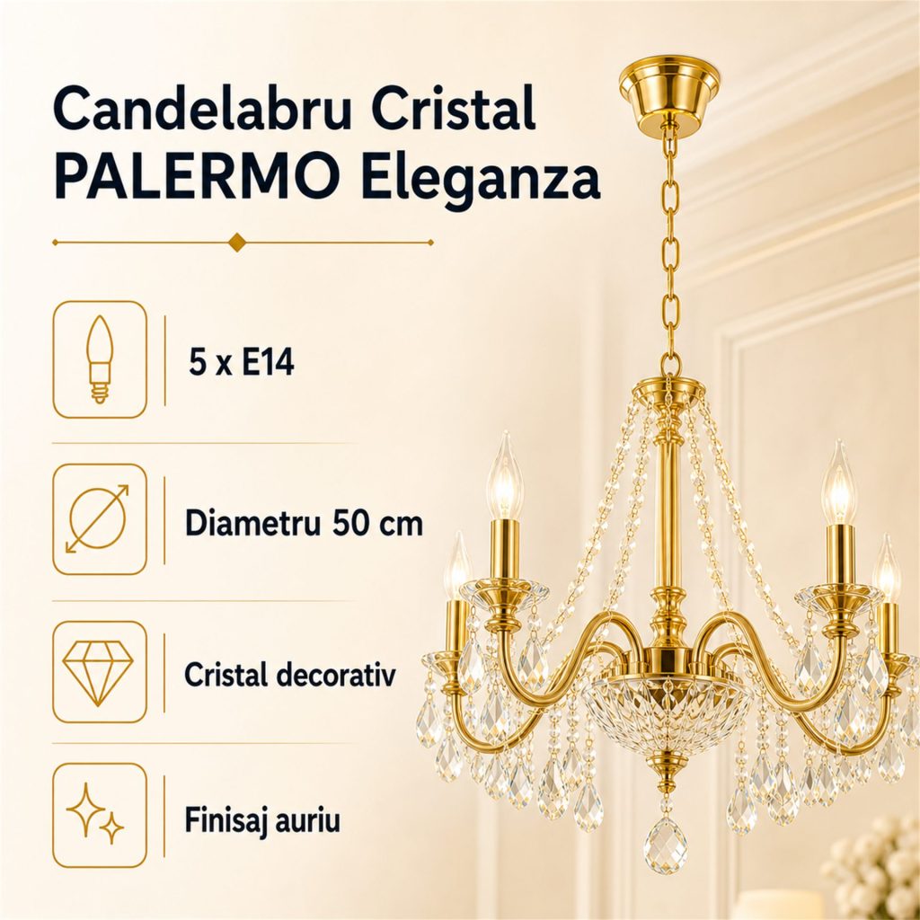 Candelabru Cristal PALERMO Eleganza 5xE14, Diametru 50cm, Auriu