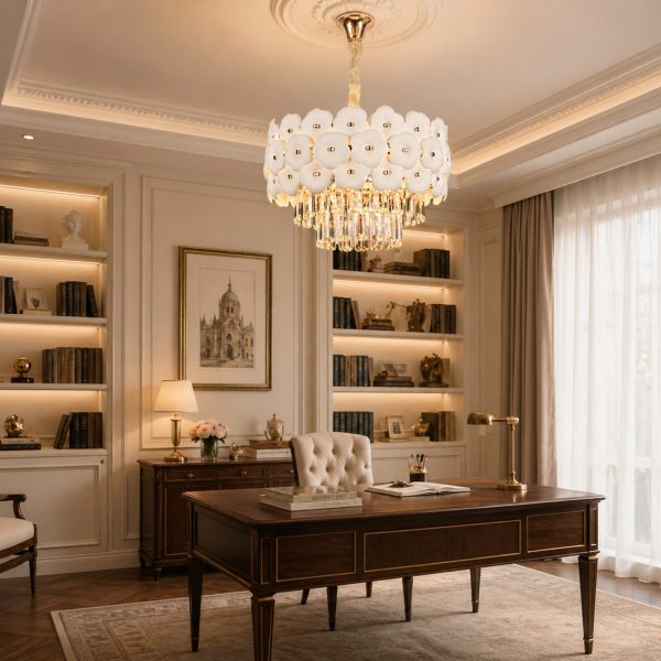 Candelabru Cristal PETAL Nobile 6xE14, D40 cm, Auriu, Inaltime Reglabila, Metal si Cristal
