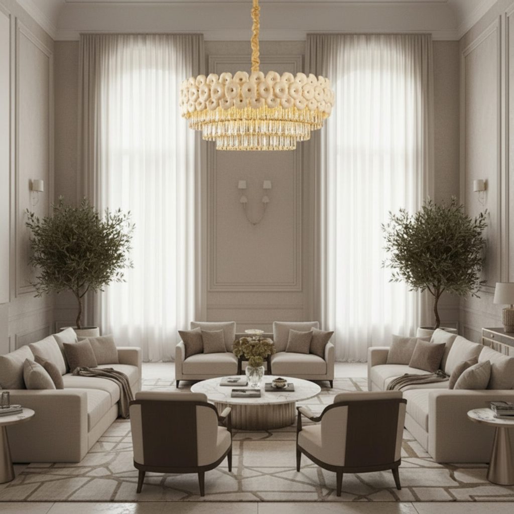 Candelabru Cristal PETAL Regalis 15xE14, D80 cm, Auriu, Inaltime Reglabila, Metal si Cristal