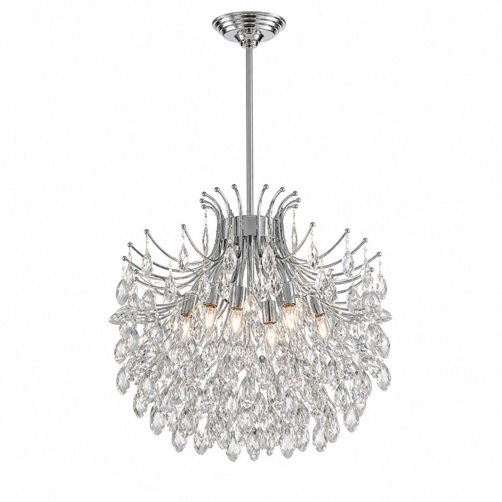 Candelabru Cristal PROWES Magno, 10xE14, D60 cm, Crom Lucios, Inaltime Reglabila, Metal si Cristal