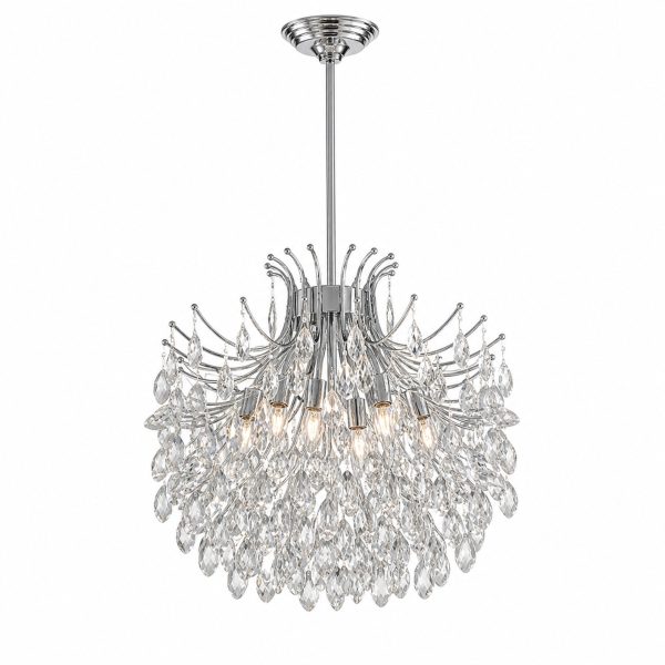 Candelabru Cristal PROWES Magno, 10xE14, D60 cm, Crom Lucios, Inaltime Reglabila, Metal si Cristal