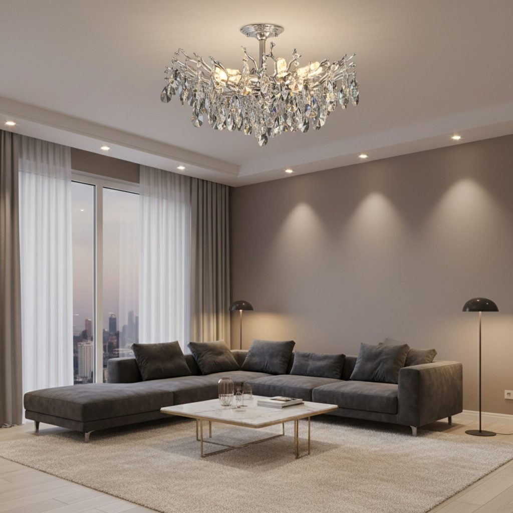Candelabru Cristal REINA Magno, 6xE14, D60cm, Crom Lucios, Metal si Cristal