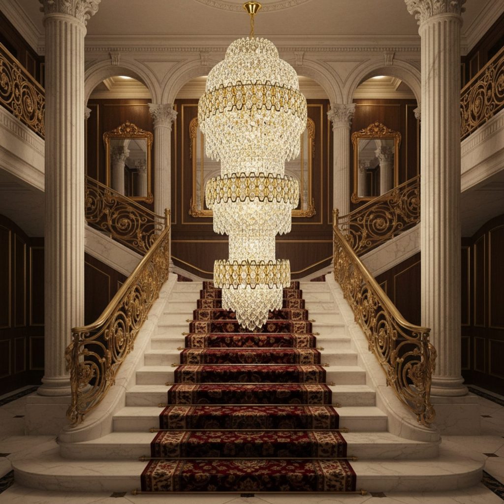 Candelabru Cristal TRIO Magno 49xE14, Diametru 65cm, Inaltime 200cm, Auriu Lucios, Inaltime Reglabila, Design Elegant