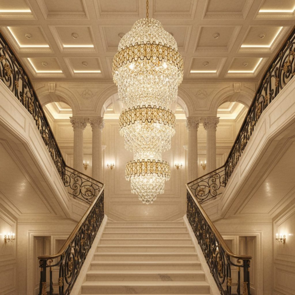 Candelabru Cristal TRIO Regalis 63xE14, Diametru 80cm, Inaltime 260cm, Auriu Lucios, Inaltime Reglabila, Design Elegant