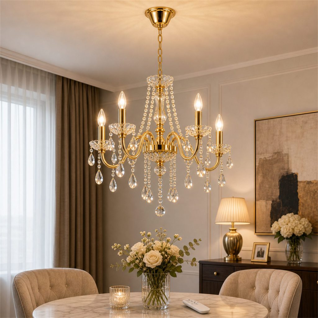 Candelabru Cristal VECTOR Nobile 5xE14, Diametru 39cm, Auriu Lucios, Inaltime Reglabila, Metal si Cristal