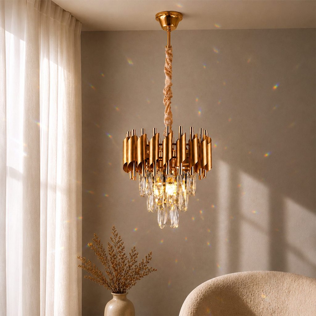 Candelabru Cristal VERSAILLES Petito 3xE14, Diametru 30cm, Auriu, Inaltime Reglabila, Metal si Cristal